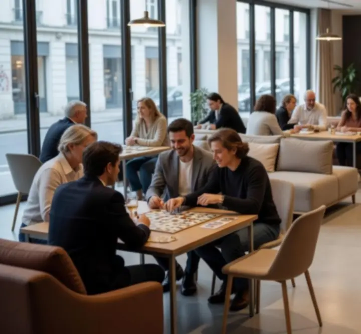 Vue d'un espace moderne et convivial dédié aux jeux et événements sociaux