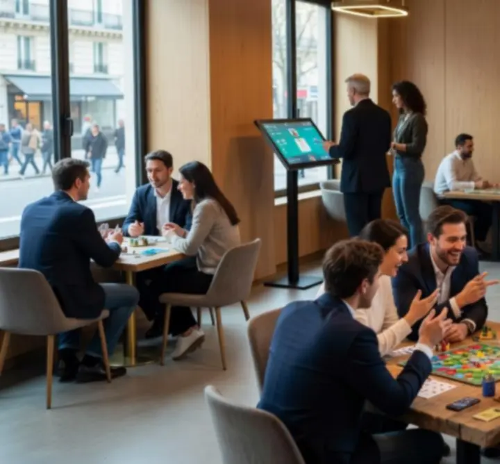 Participants réunis autour de tables de jeux dans un espace moderne et convivial