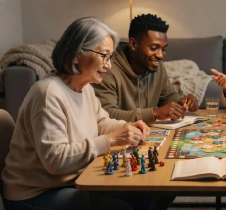 Groupe d'amis autour d'une table de jeux dans un espace convivial et moderne.